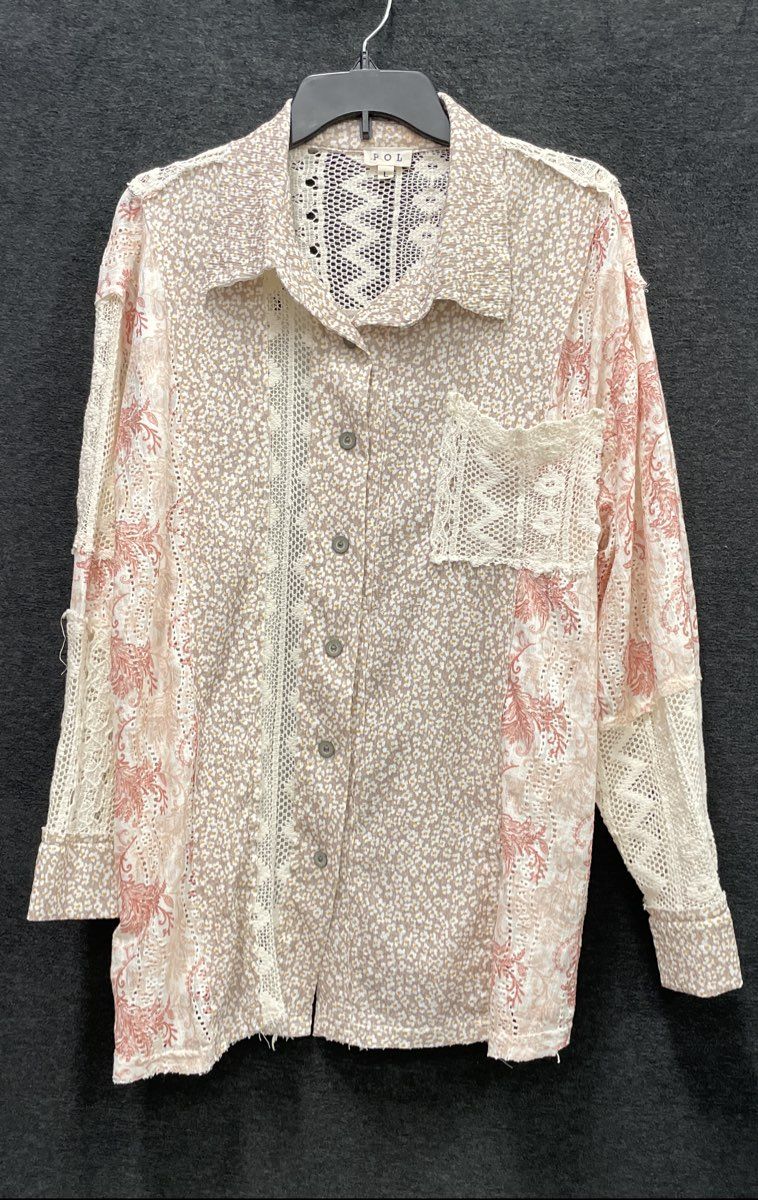 POL Women's Beige Rose Patchwork Lace Crochet Boho Button Up Shirt Blouse Sz L