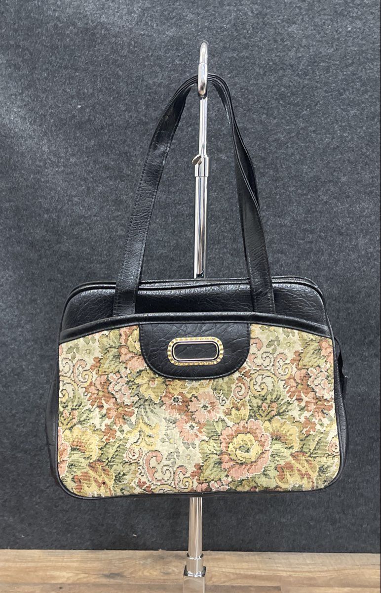 Vintage Ambassador Black Floral Tapestry Satchel Handbag Gold Hardware