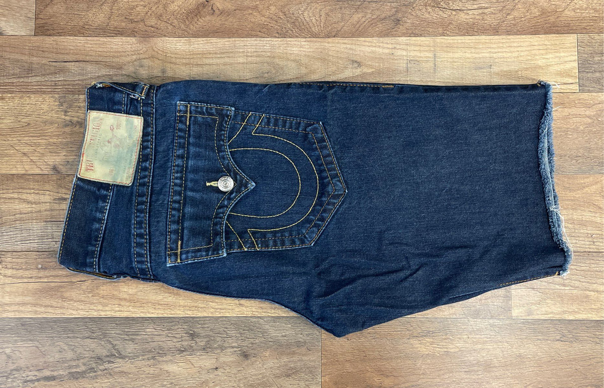 True Religion Men's Indigo Cutoff Denim Shorts Horseshoe Flap Pockets Sz 36