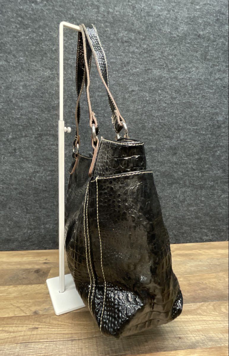 Sag Harbor Black Croc Embossed Faux Leather Tote Shoulder Bag Silver Hardware