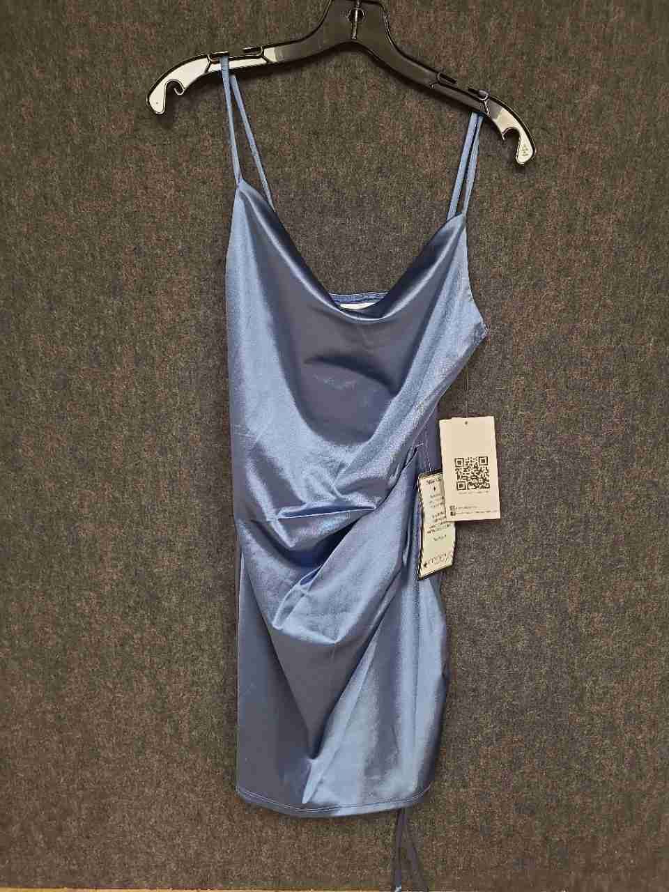 Emerald Sundae Women's Blue Cowl Neck Satin Ruched Mini Dress Sz S NWT