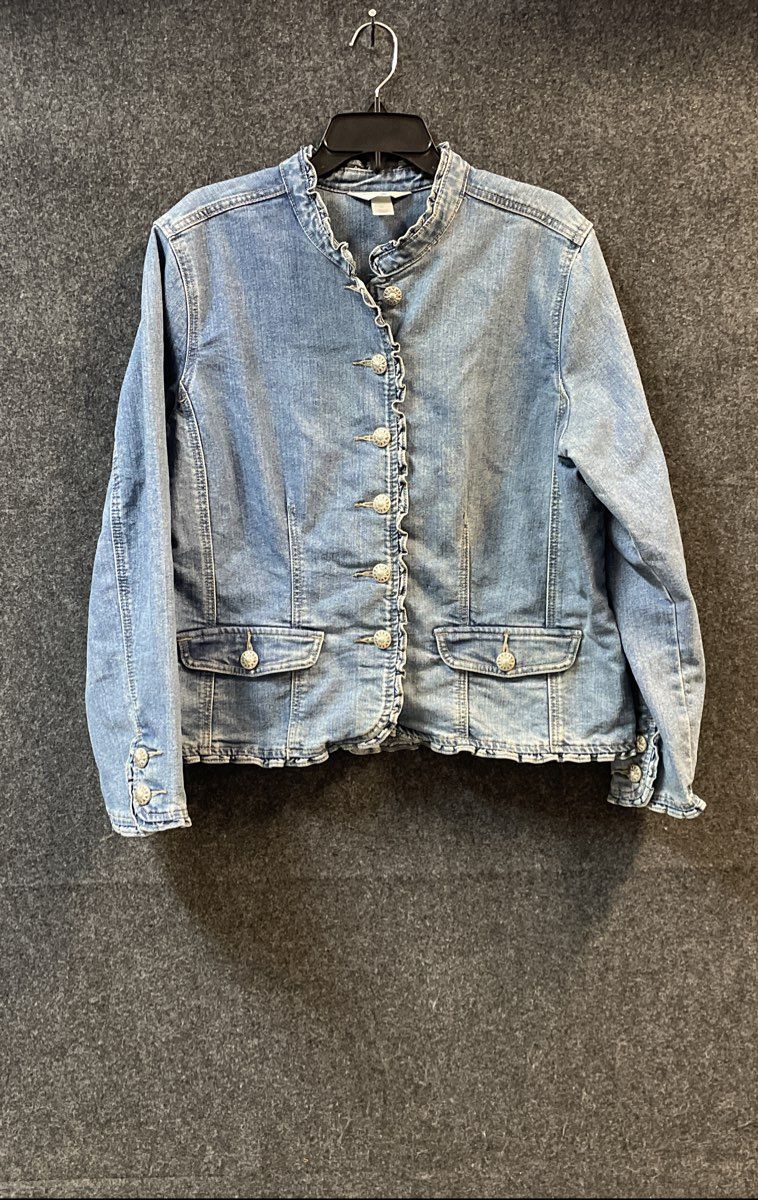 Christopher & Banks Women's Blue Ruffle Trim Denim Jacket Sz XL