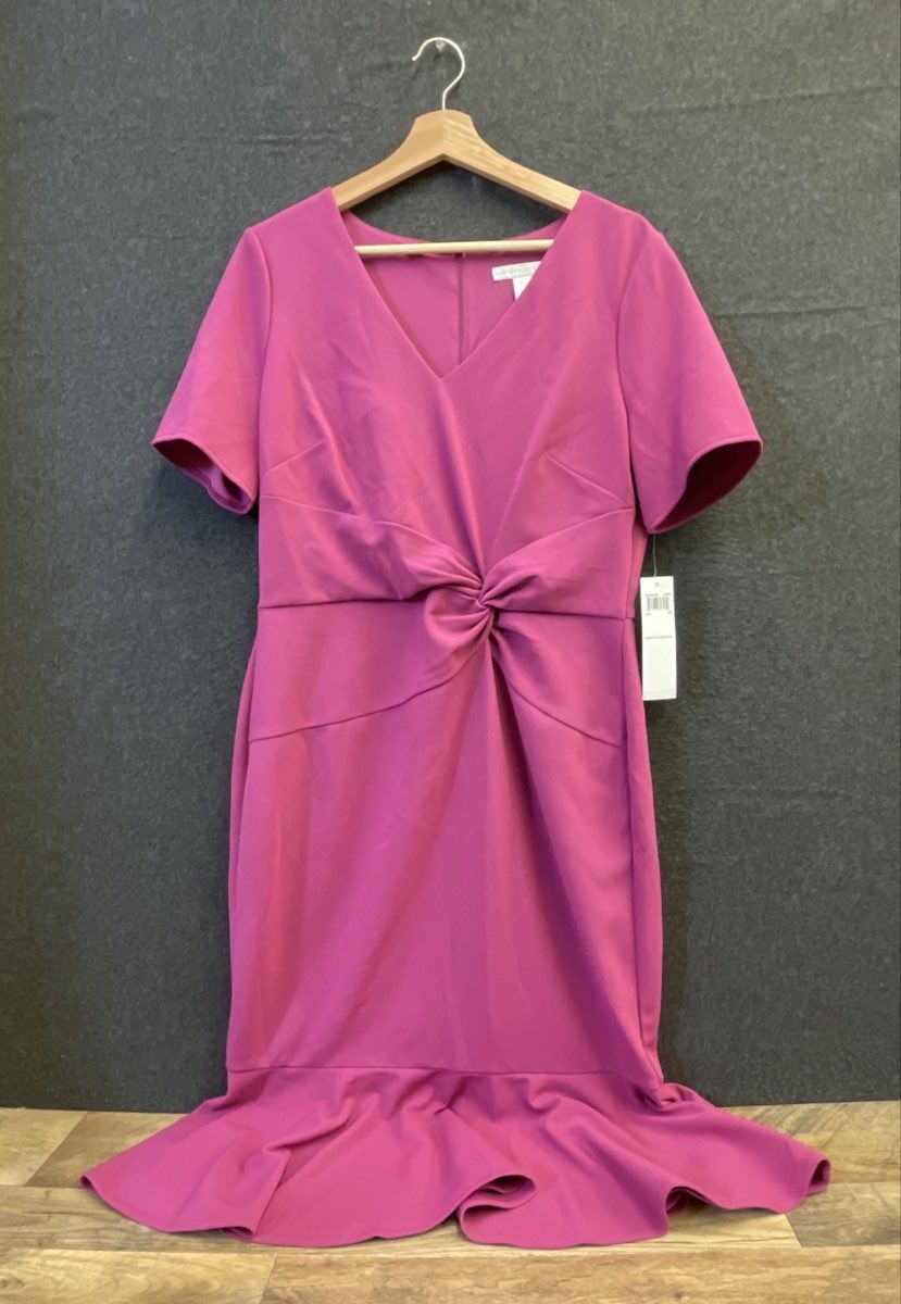 London Times Women's Pink Short Sleeve Twist Front Ruffle Hem Dress Size 12 NWT