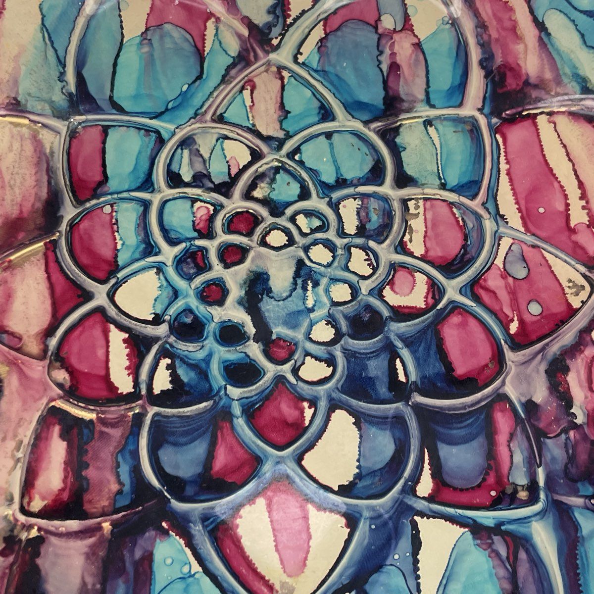 Art Glass Centerpiece Bowl Embossed Dahlia Flower Blue Pink Multicolor 15.5" Vtg