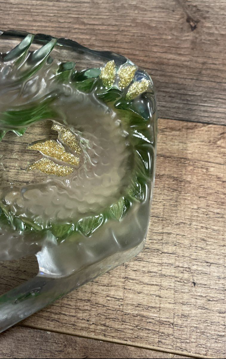 Vintage Art Glass Dragon Paperweight Asian Oriental Figurine Green Gold Glitter