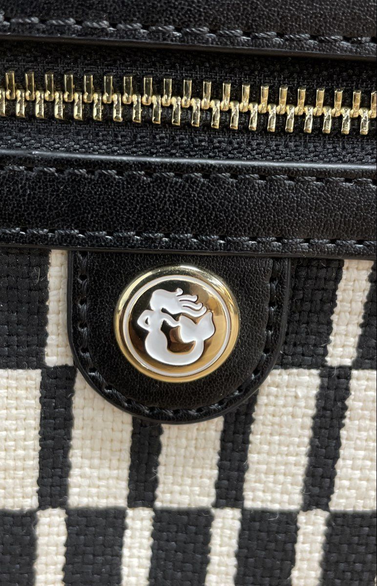 Spartina 449 Black White Checkered Linen Leather Tassel Pouch Clutch Bag