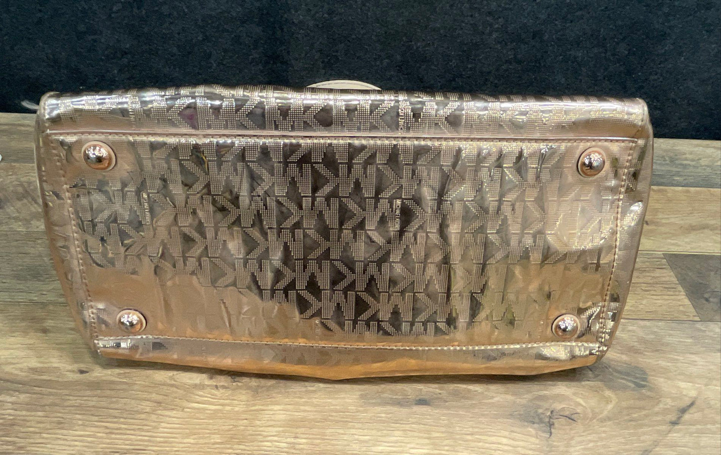 Michael Kors Rose Gold Mirror Monogram Logo Satchel Handbag Rose Gold Hardware