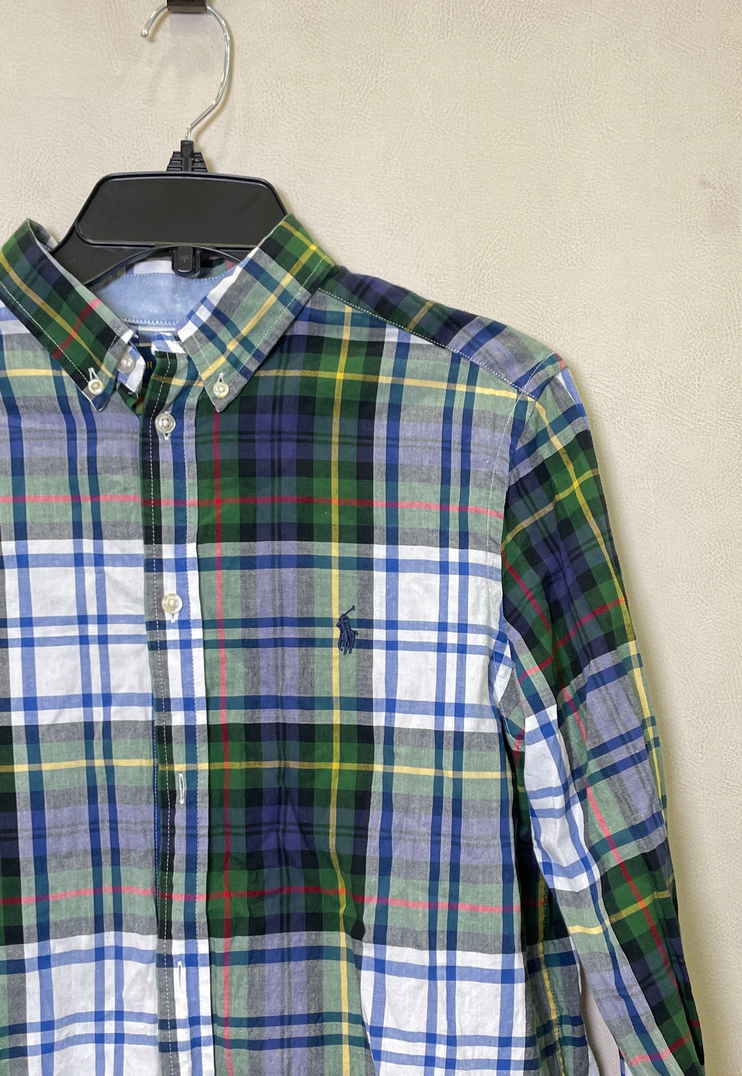 Ralph Lauren Boys Green Blue Plaid LS Button Down Shirt Pony Logo Sz XL 18-20