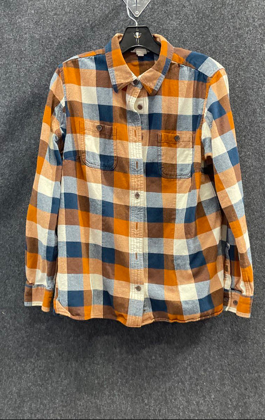 Duluth Trading Co Men's Orange Blue Plaid Flannel Button Up Shirt Sz M
