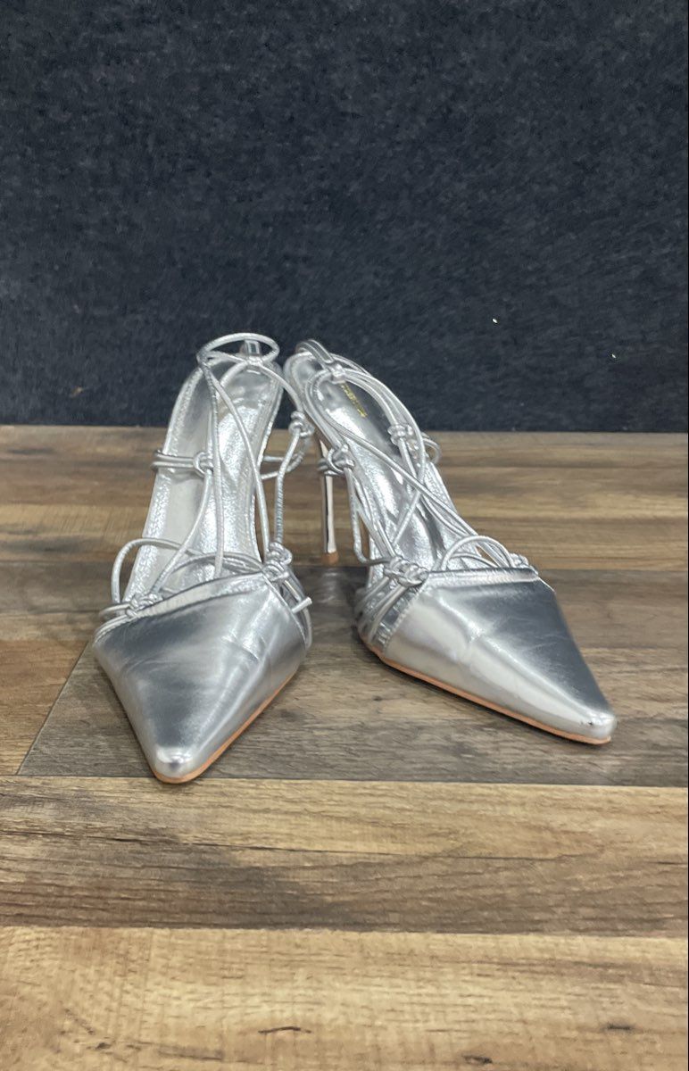 PrettyLittleThing Silver Pointed Toe Strappy Lace Up Heels Women's Size 8