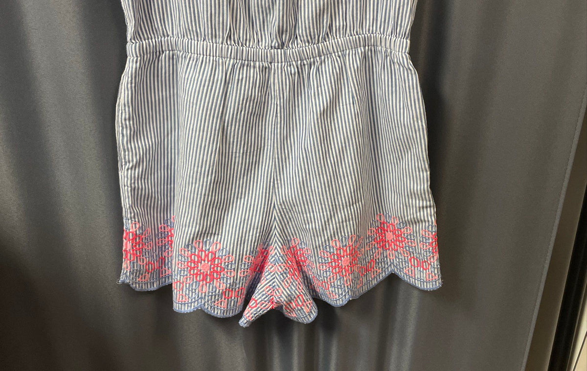 Vineyard Vines Women's Seersucker Romper NWT Blue White Embroidered Sz L