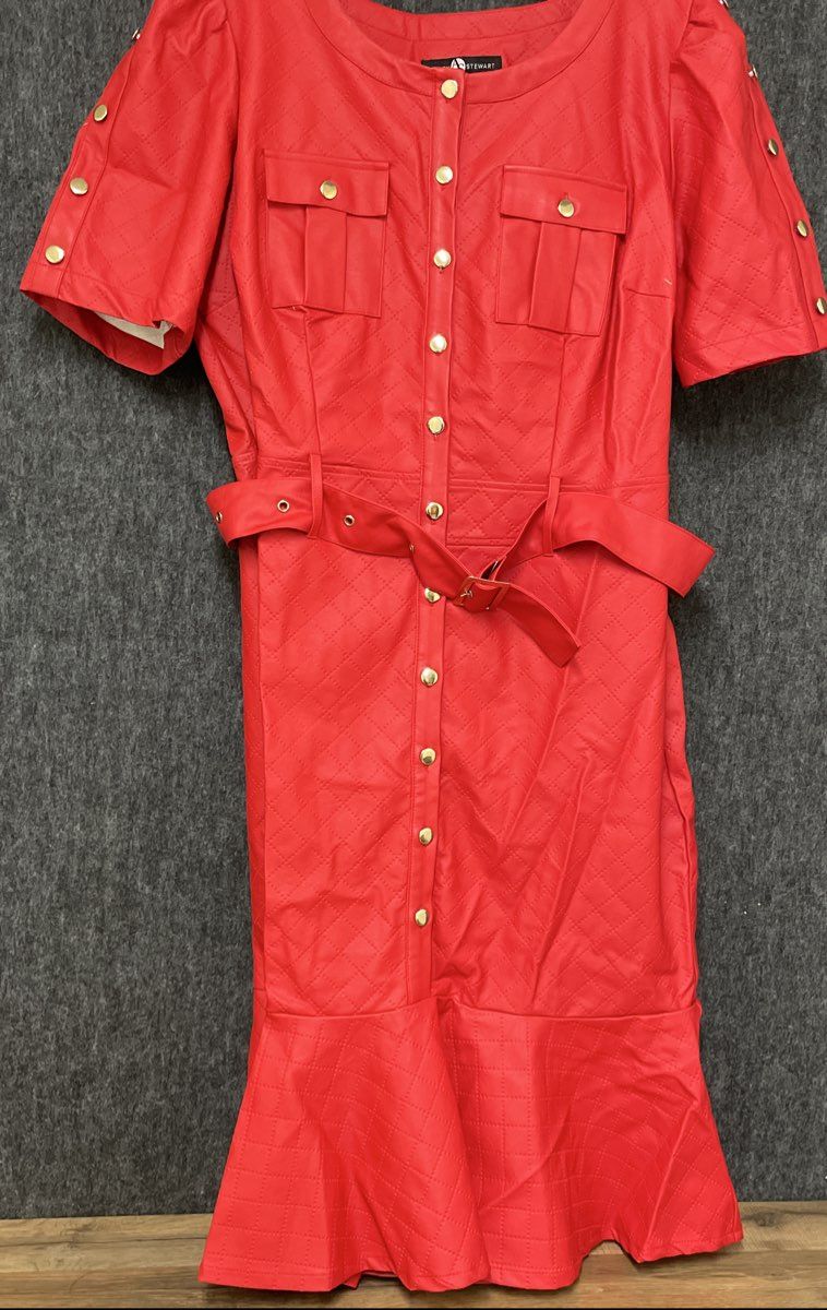 Ashley Stewart Women's Red Quilted Faux Leather Button Up Belted Dress Sz 14/16