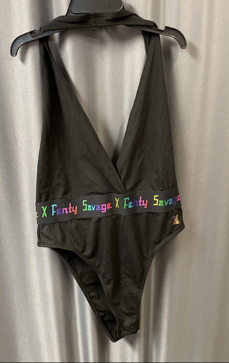 Savage X Fenty Women's Black Halter Deep V Bodysuit Iridescent Logo Sz S NWT
