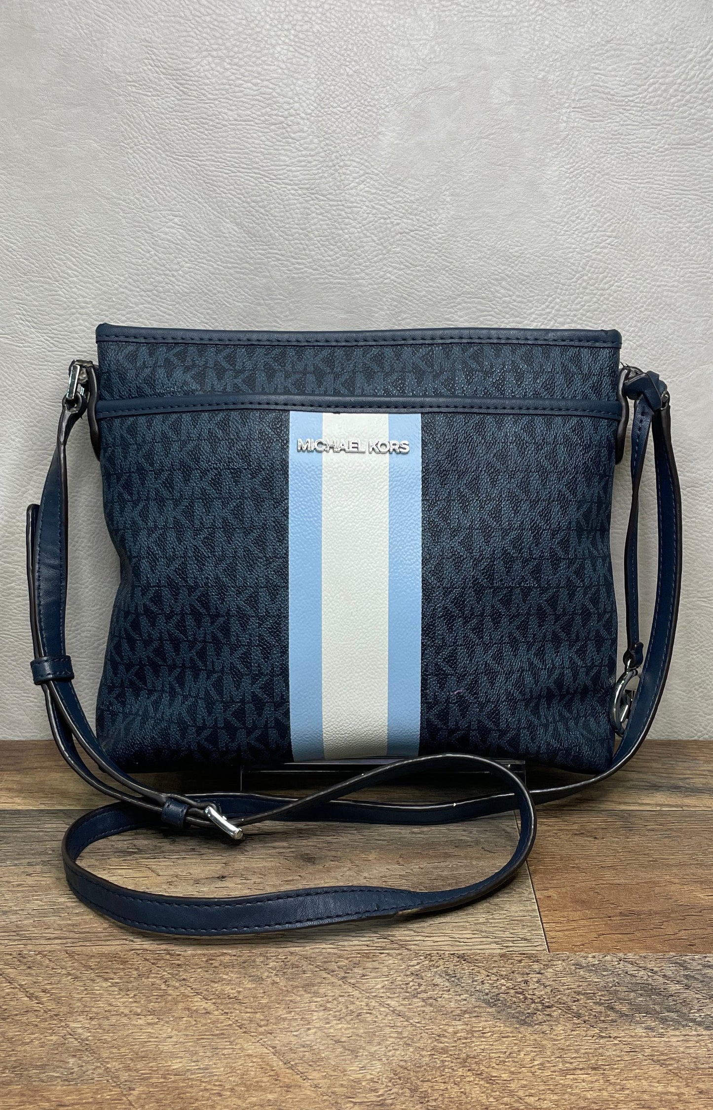 Michael Kors Navy Signature Monogram Bedford Crossbody Bag Blue White Stripe