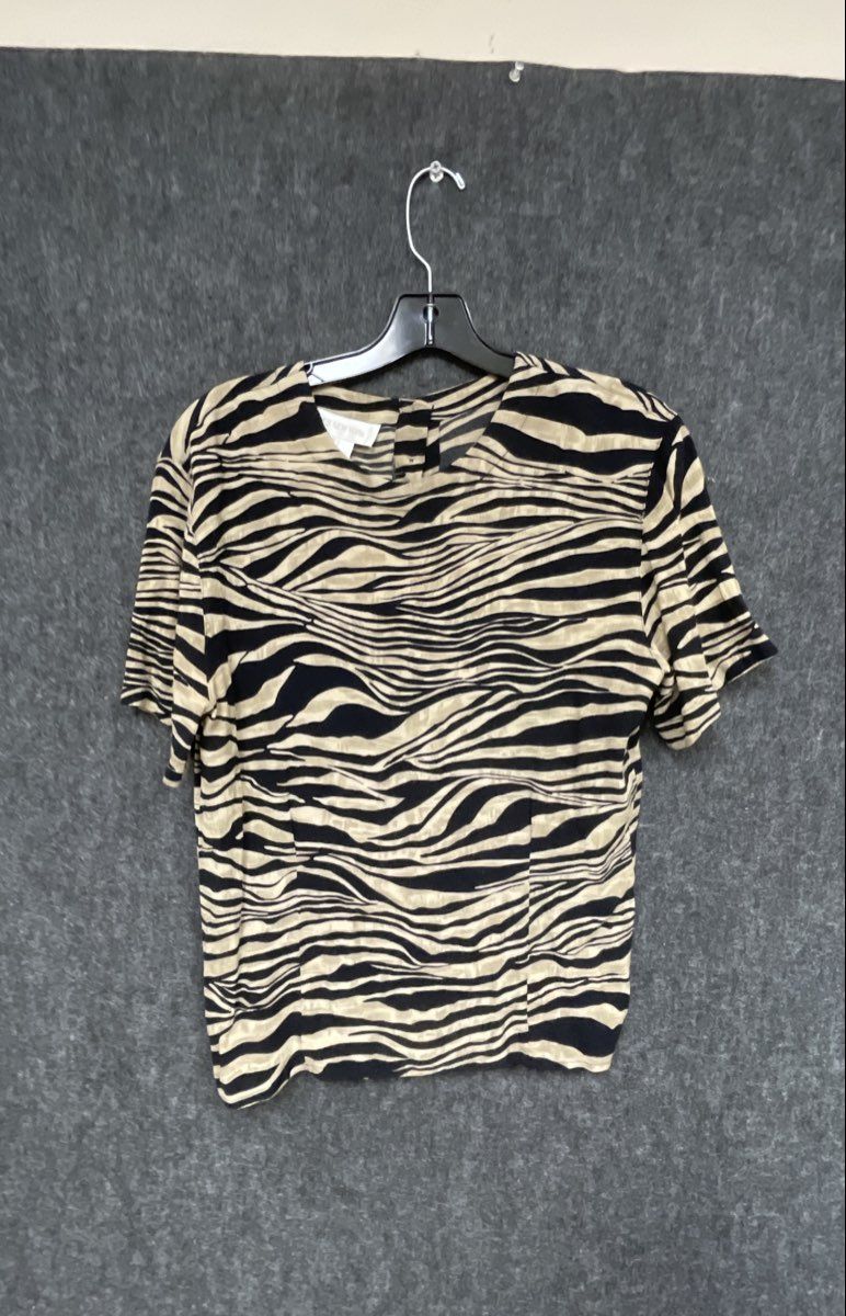 Jones New York Women's Vintage 90s Zebra Print Rayon Blouse Black Tan Sz 8