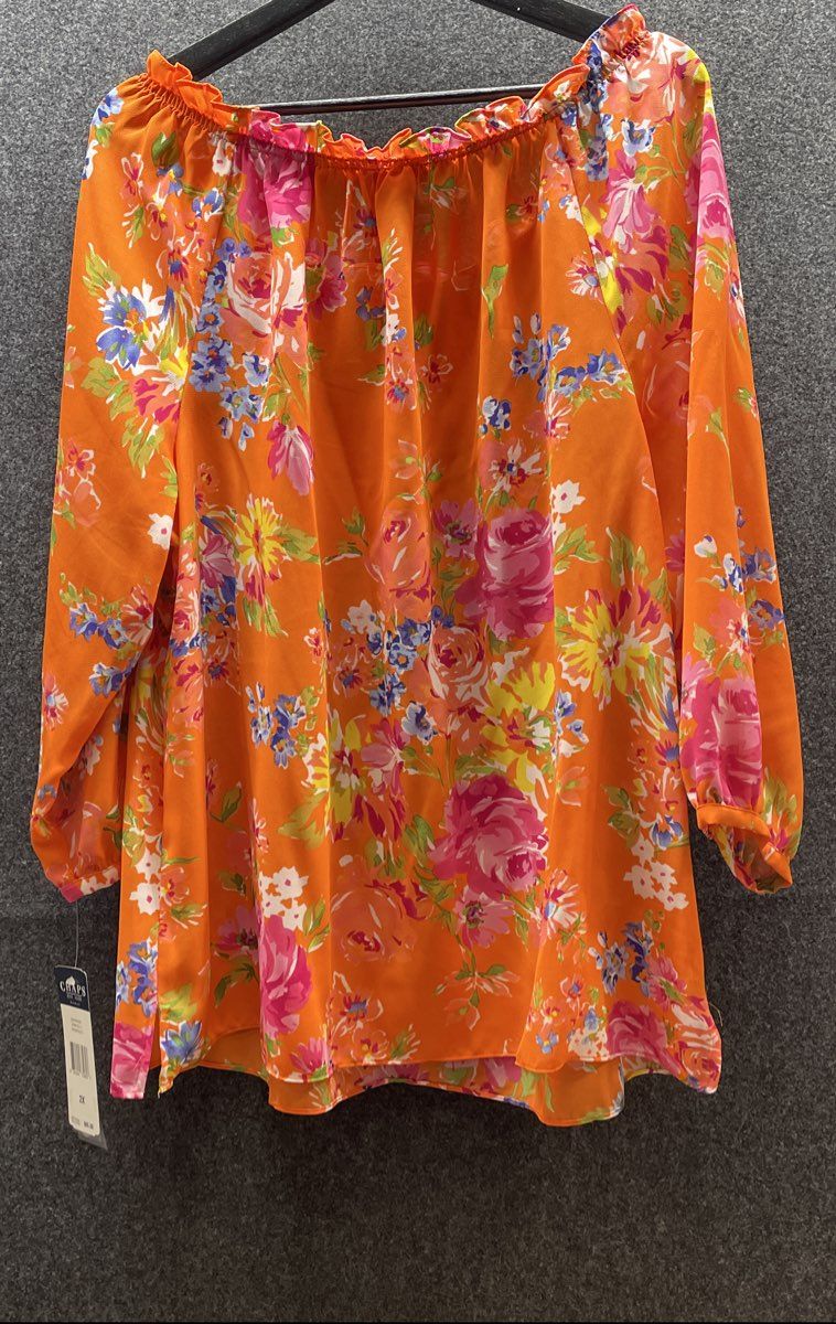 Chaps Women's Orange Floral Ruffle Neck Peasant Blouse Size 2X NWT