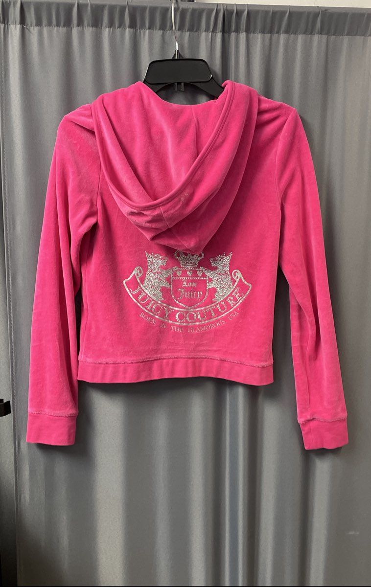Juicy Couture Women's Pink Velour Zip-Up Hoodie Glitter Back Graphic Sz M