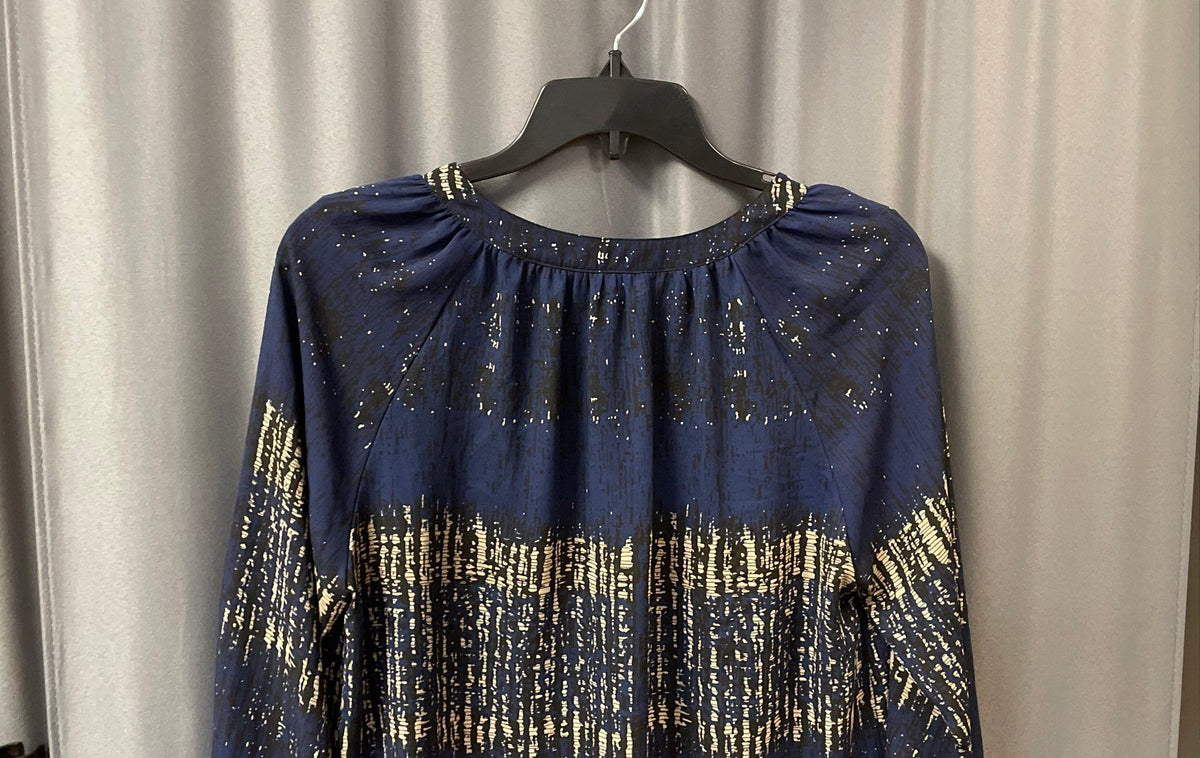 ZOA New York Women's Blue Abstract Print Button V-Neck Long Sleeve Blouse Sz M