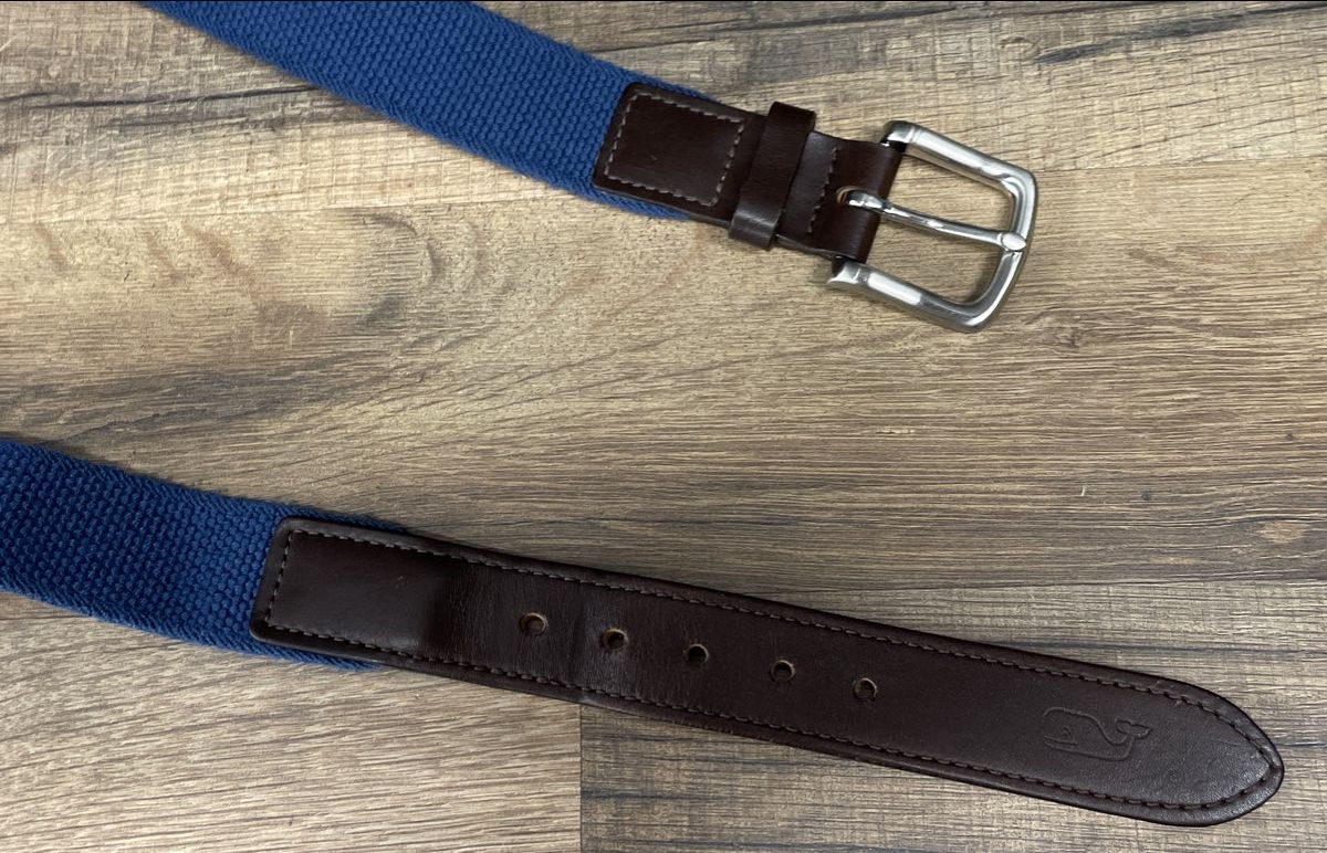 Vineyard Vines Men's Blue Brown Canvas Leather Webbing Belt Sz 42