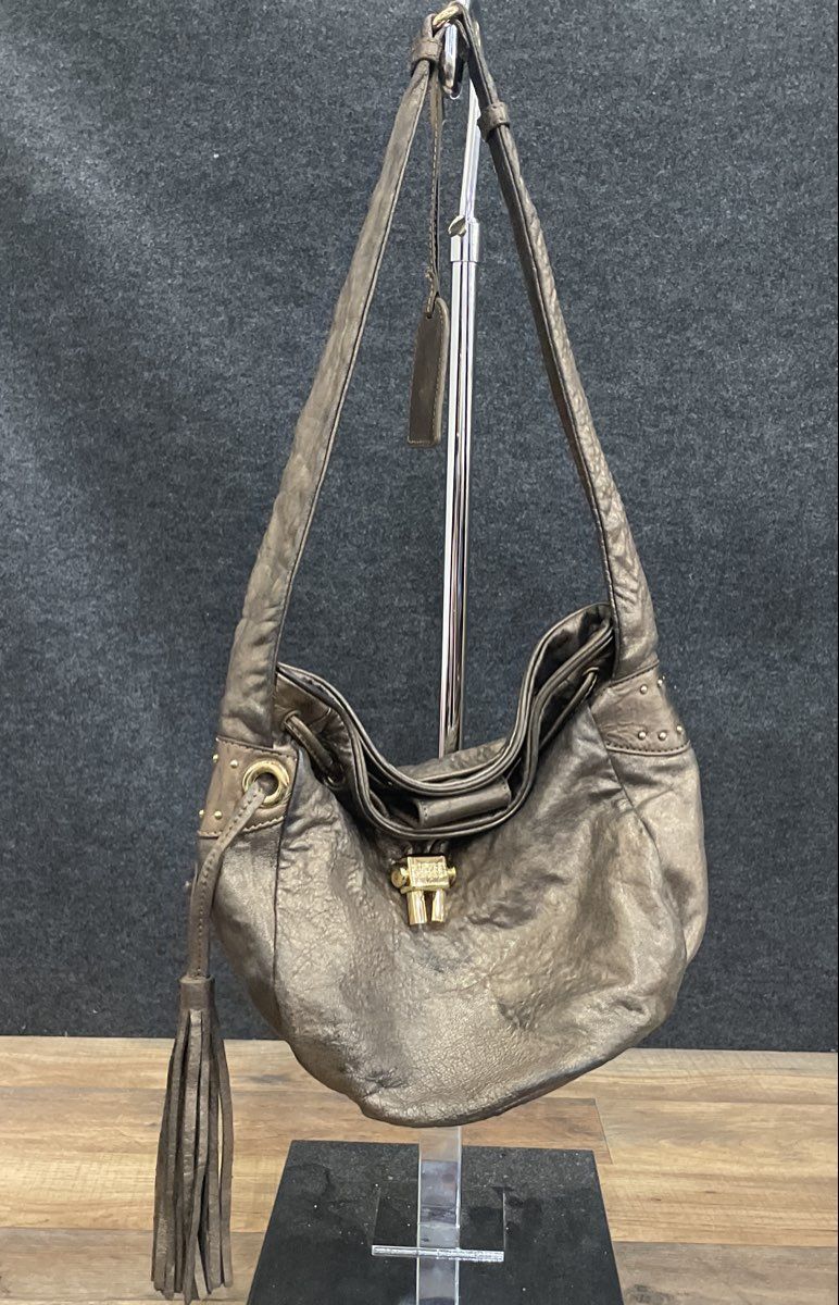 Badgley Mischka Bronze Brown Metallic Leather Hobo Shoulder Bag Tassel