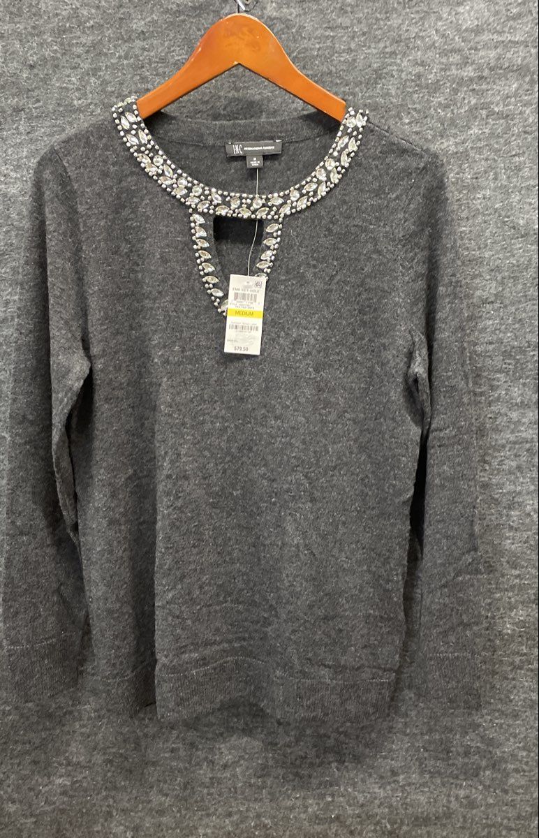 INC International Concepts Women's Embellished Keyhole Sweater Gray M NWT