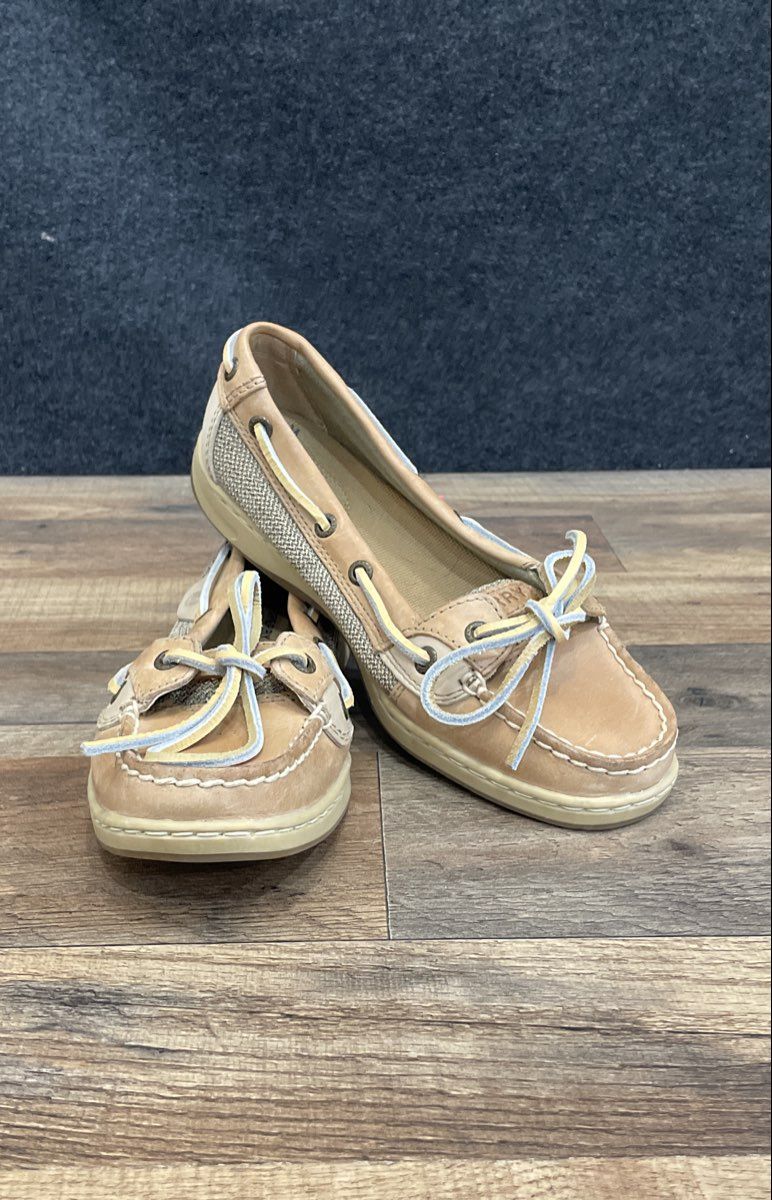 Sperry Angelfish Tan Linen Leather Boat Shoes Women's Size 6.5