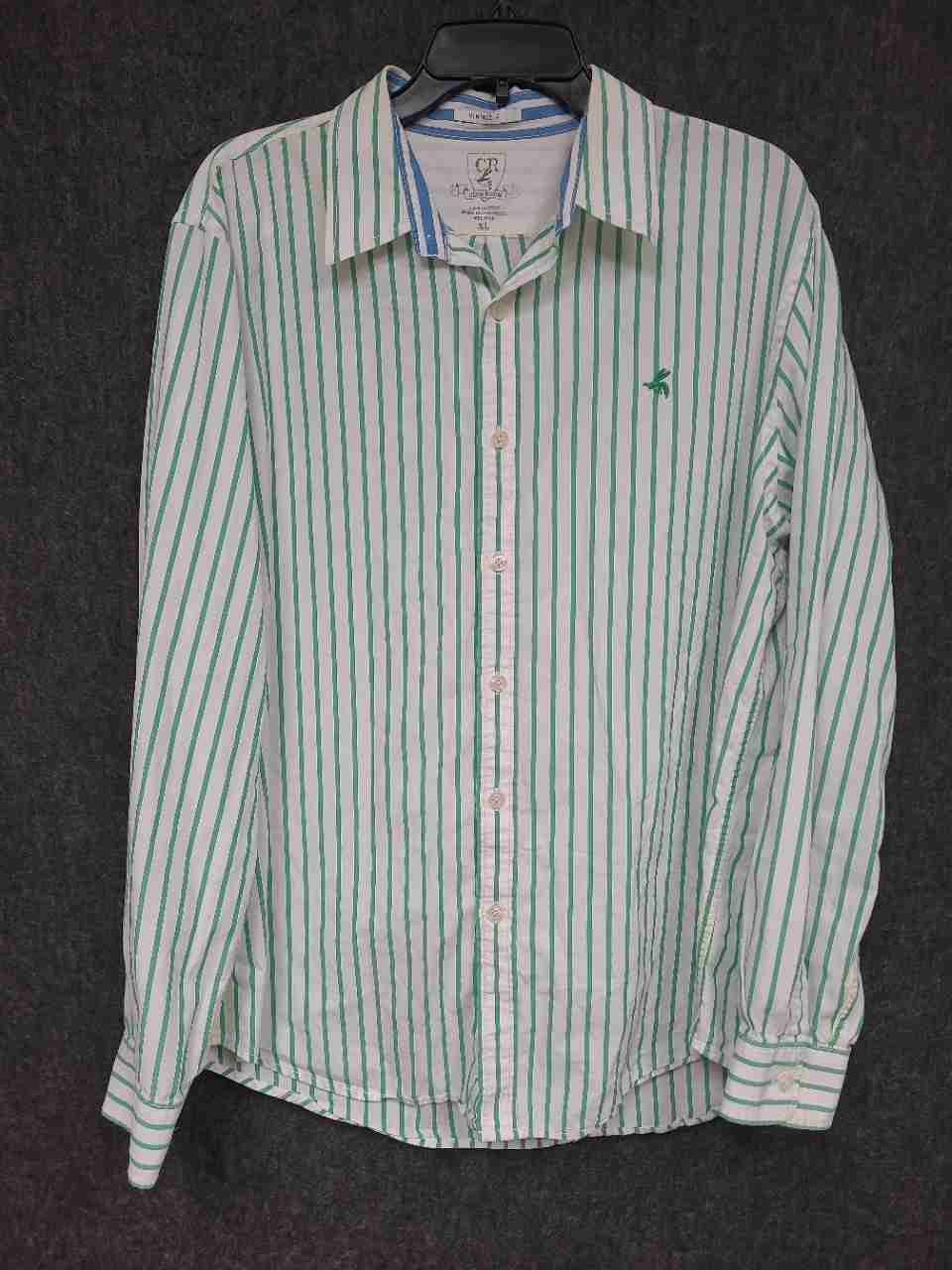 Club Room Men's Long Sleeve Button Down Shirt Green White Stripe Vintage Fit XL