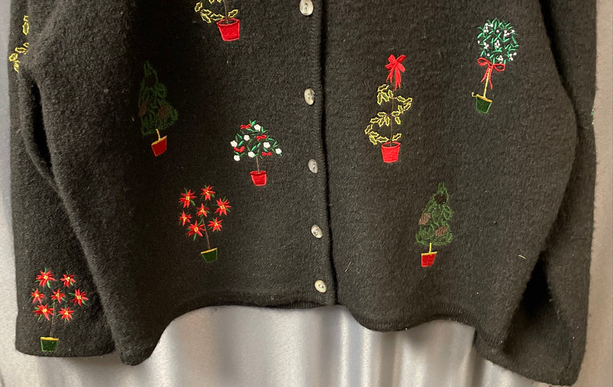 Karen Scott Petites Women's Black Wool Holiday Embroidered Cardigan Sz PL