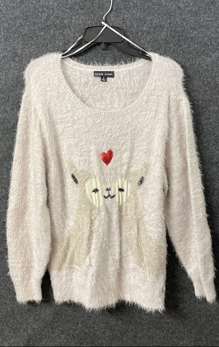 Black Rivet Women's Eyelash Knit Sweater Cream Sloth Sequin Heart Metallic XL
