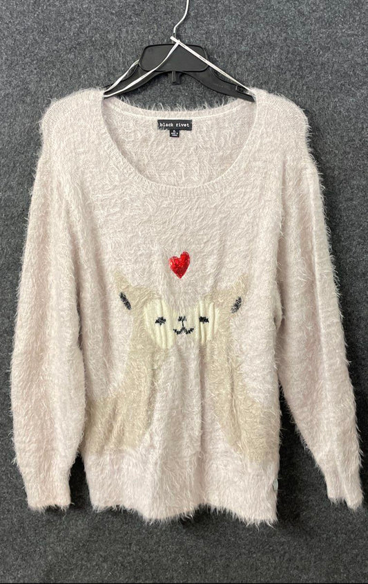 Black Rivet Women's Eyelash Knit Sweater Cream Sloth Sequin Heart Metallic XL