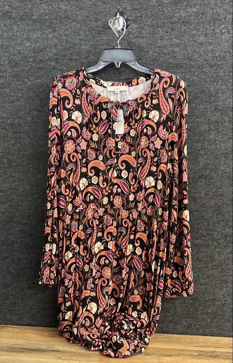 Loft Women's Black Paisley Floral Tie Neck Long Sleeve Dress Sz XXL NWT