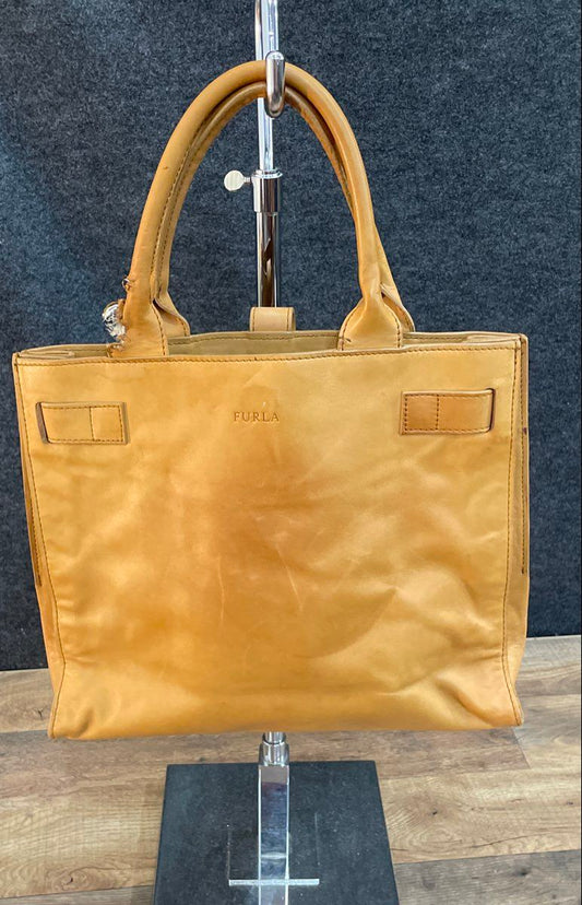 Furla Tan Leather Belted Tote Bag Handbag Made in Italy Silver Hardware