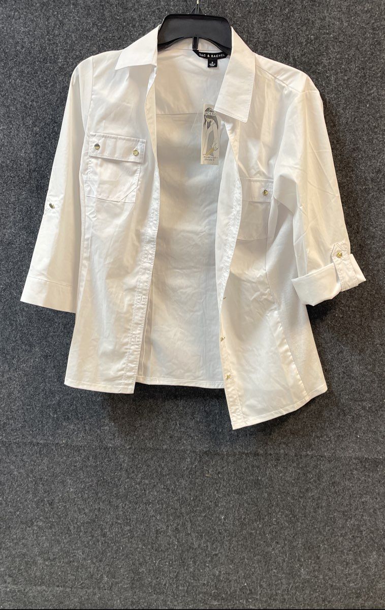 Zac & Rachel Women's White Woven Knit Side Panel Shirt Roll Tab Sleeve Sz S NWT