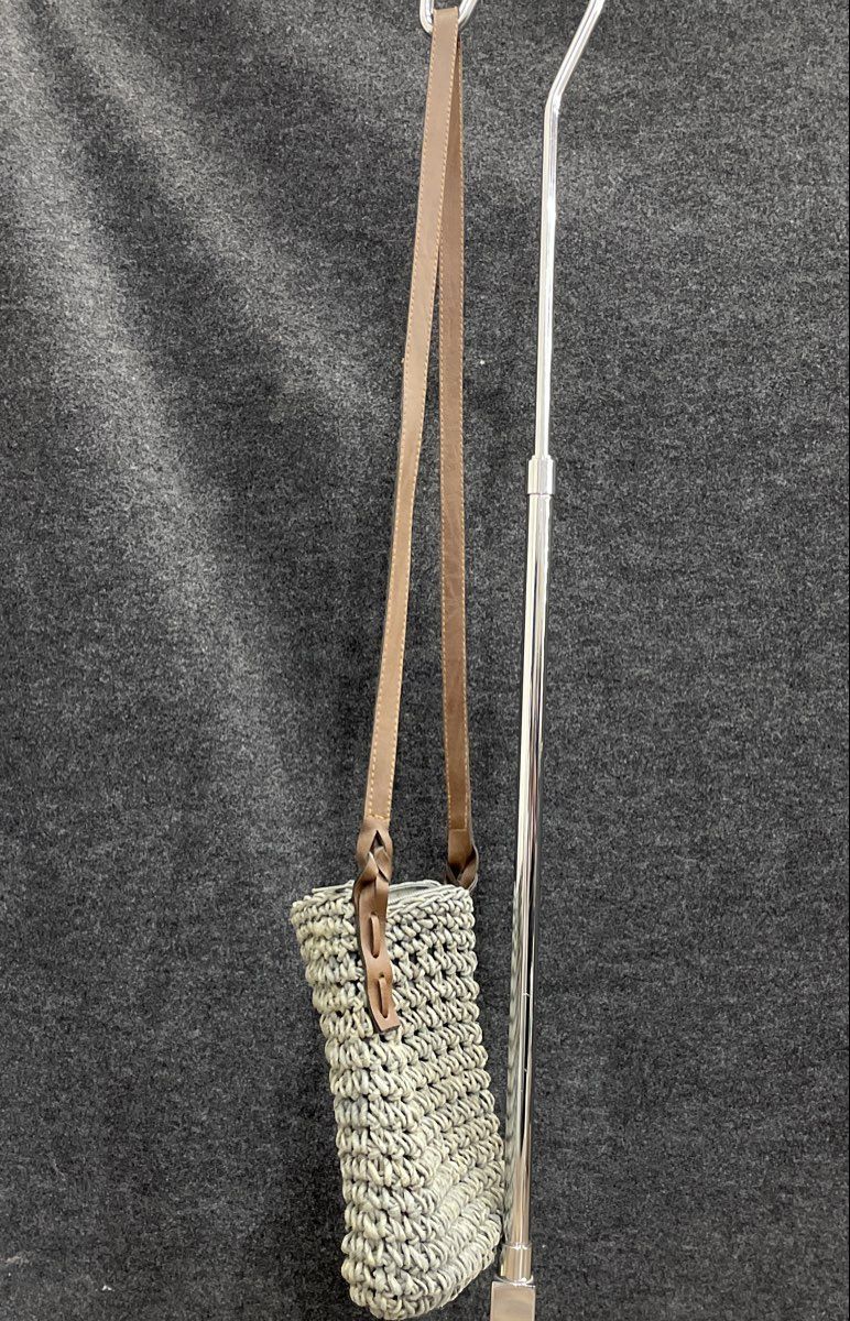 Grey Woven Crochet Mini Crossbody Bag Brown Faux Leather Strap Small