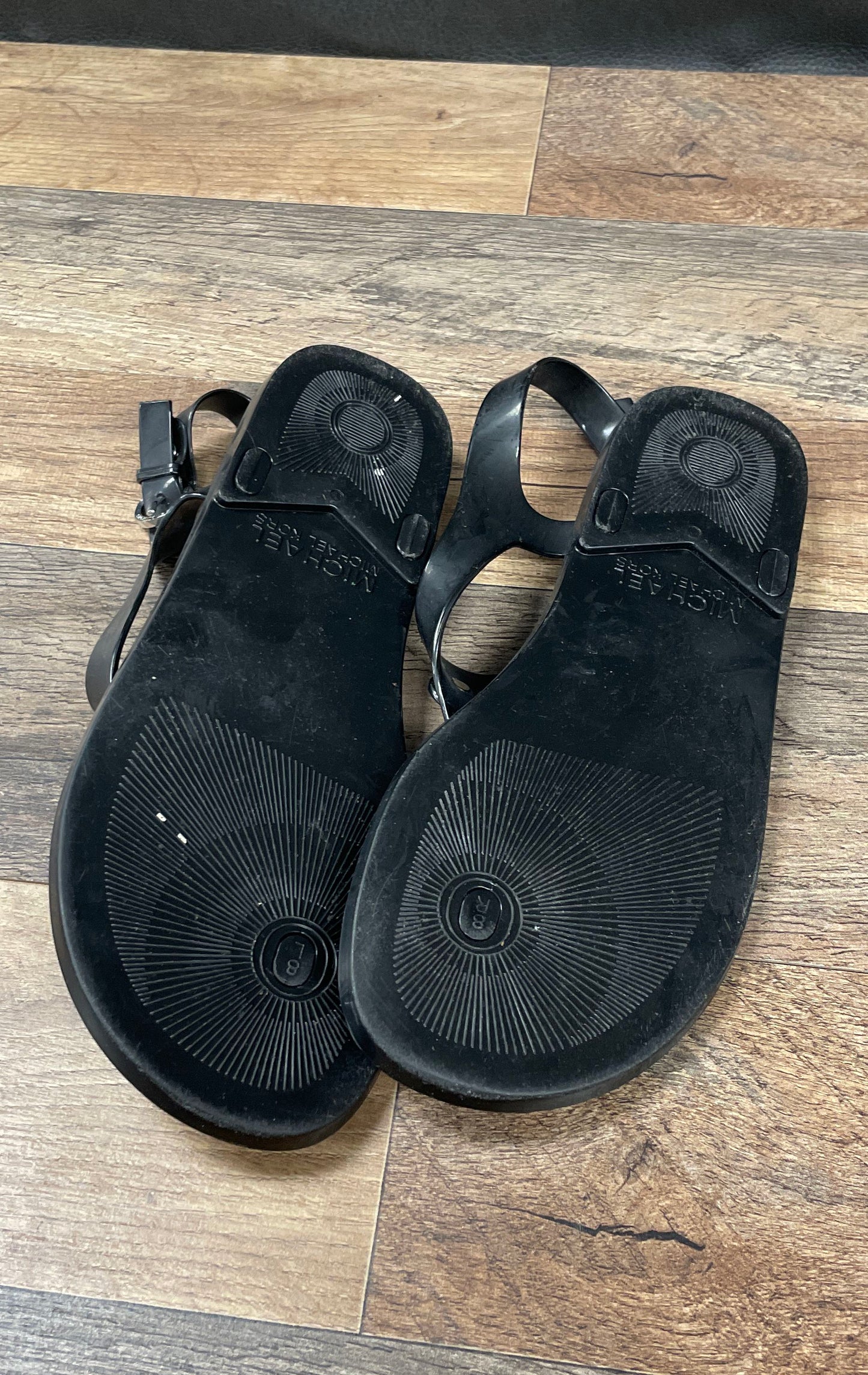 Michael Kors Jelly Thong Ankle Strap Sandal Black Silver Logo Size 8