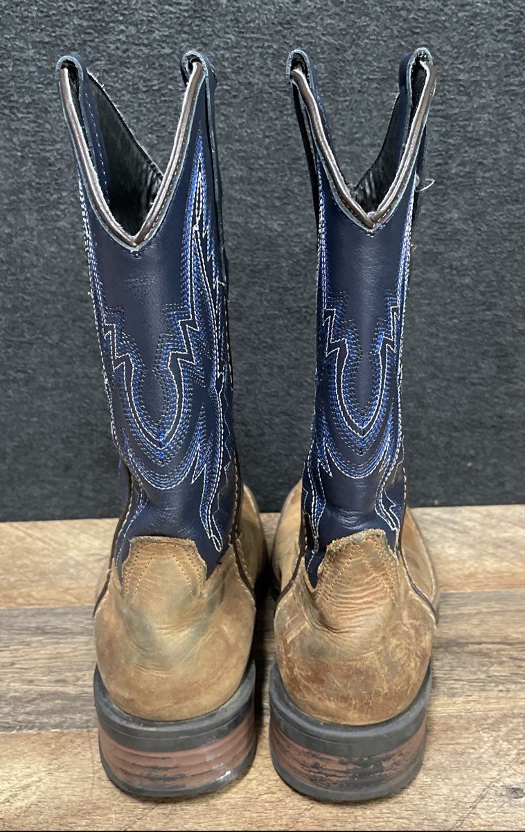 J.B. Dillon Kids Brown Blue Leather Square Toe Western Cowboy Boots Size 3