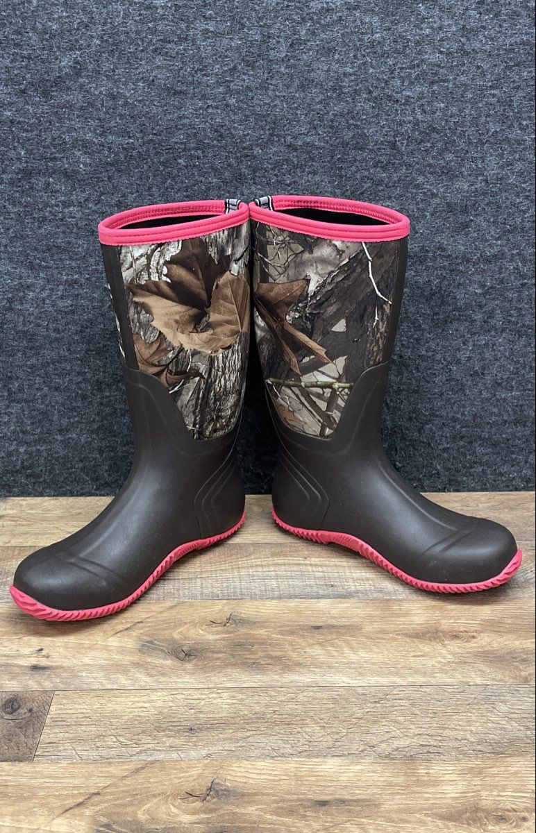 HISEA Women's Neoprene Camo Rubber Hunting Rain Boots Brown Pink Size 9.5