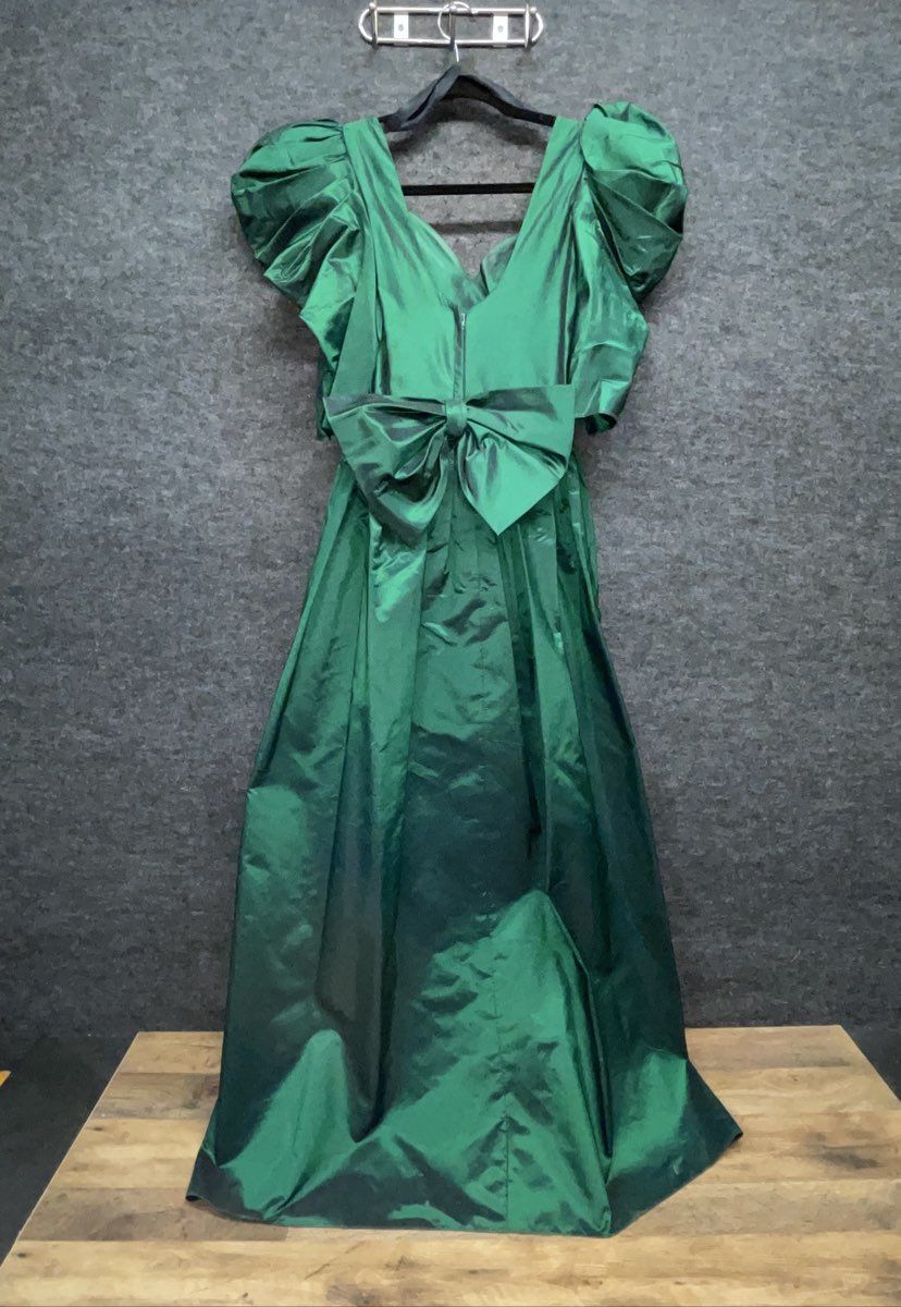 Vintage 80s Emerald Green Taffeta Puffy Sleeve Bow Back Formal Prom Gown Sz M