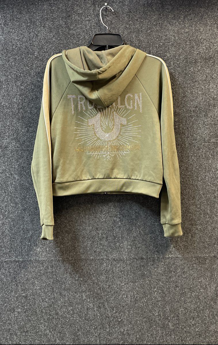 True Religion Women's Green Cropped Zip Up Hoodie Rhinestone Sunburst Logo Sz S