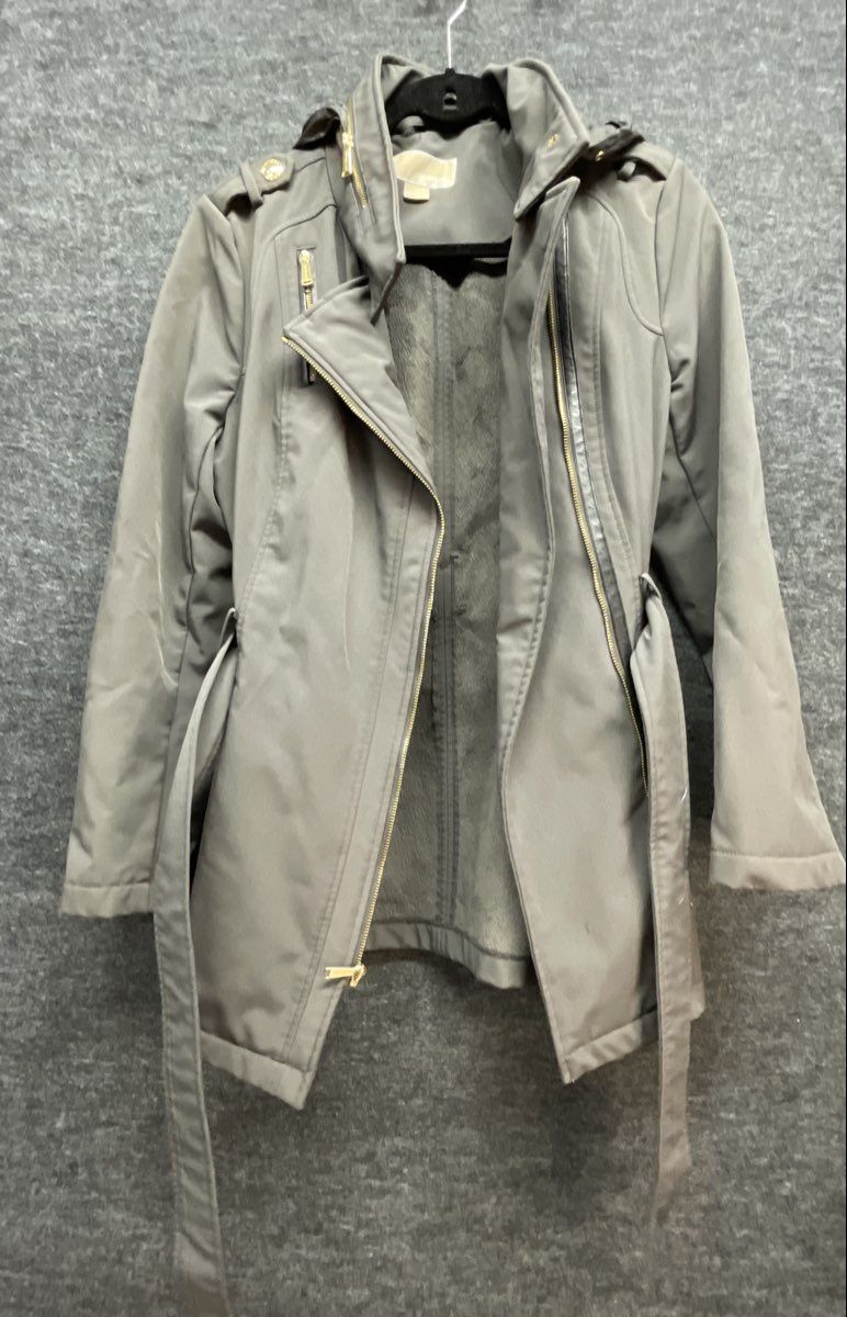 Michael Kors Women's Gray Belted Softshell Jacket Gold Hardware Hidden Hood Sz S