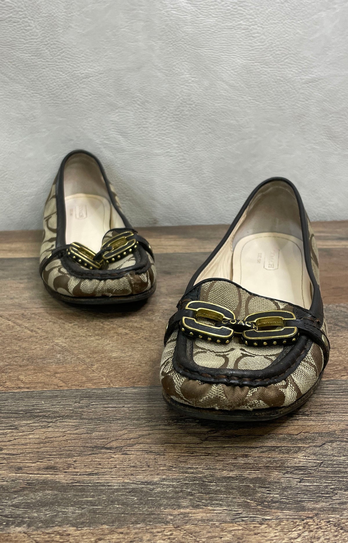 Coach Ella Signature C Khaki Brown Jacquard Loafers Moccasin Flats Size 7.5 B
