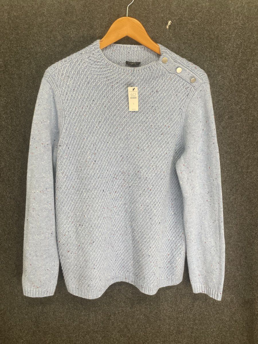 Talbots Women's Light Blue Speckled Shoulder Button Knit Sweater Size L NWT