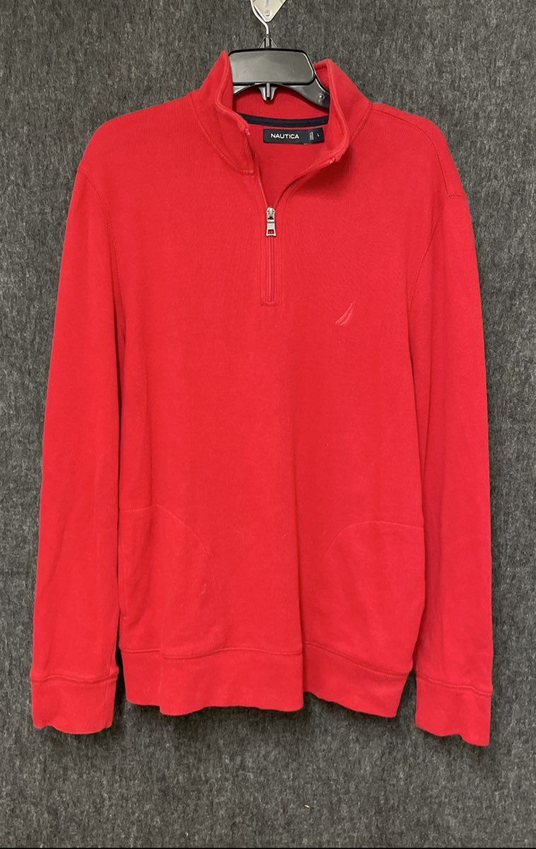 Nautica Men's Red 100% Cotton Quarter Zip Mock Neck Pullover Sweatshirt Sz L