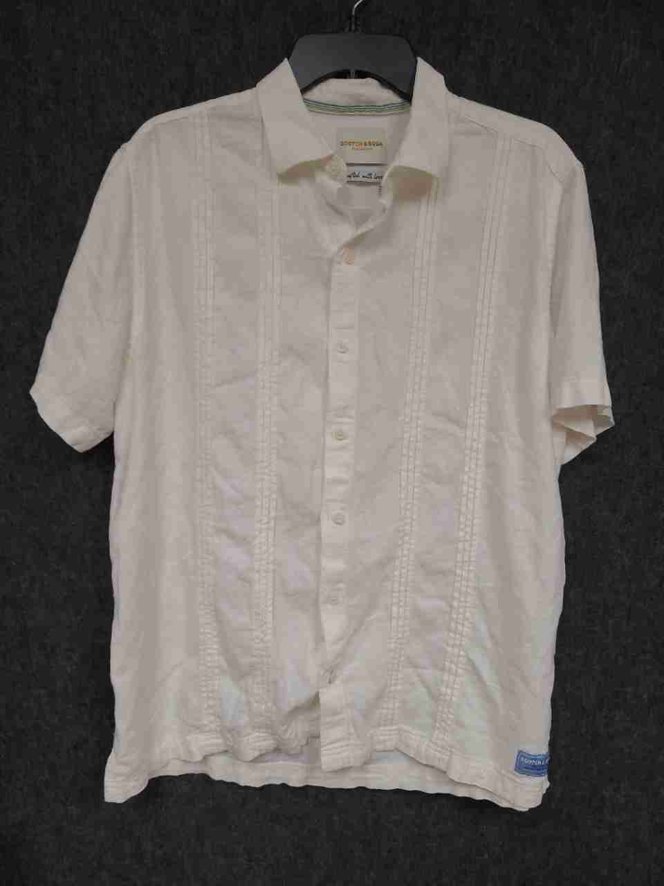 Scotch & Soda Men's Off White Linen Blend Pintuck Short Sleeve Shirt Size L