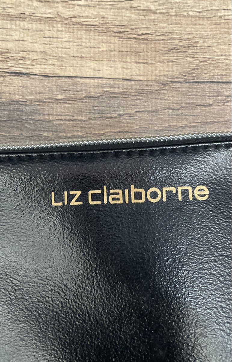 Liz Claiborne Black Large Zipper Pouch Clutch Bag Gold Logo