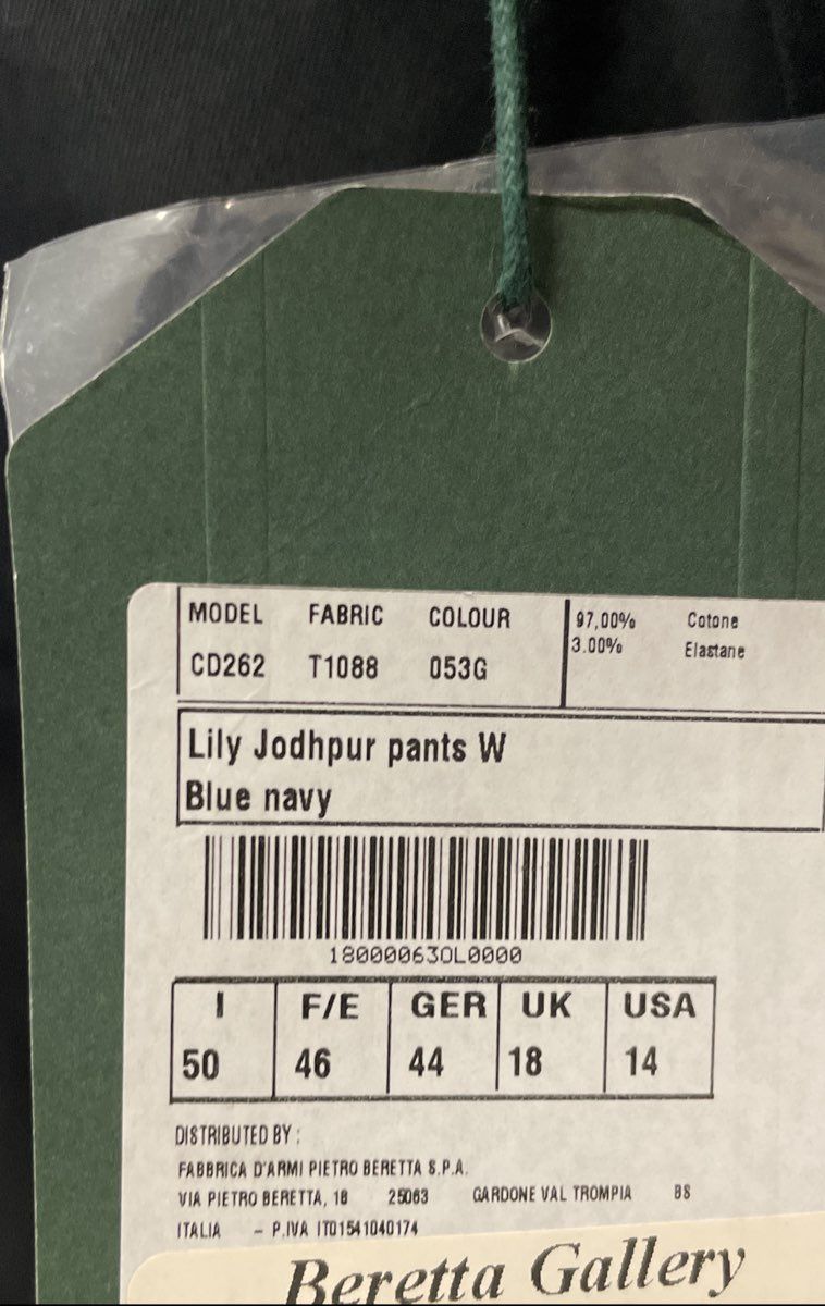 Beretta Women's Lily Jodhpur Pants Blue Navy Cotton Stretch Size 14 NWT
