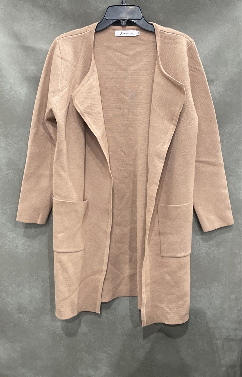 Anrabess Women's Open Front Cardigan Sweater Jacket Pinkish Tan Ribbed Sz M