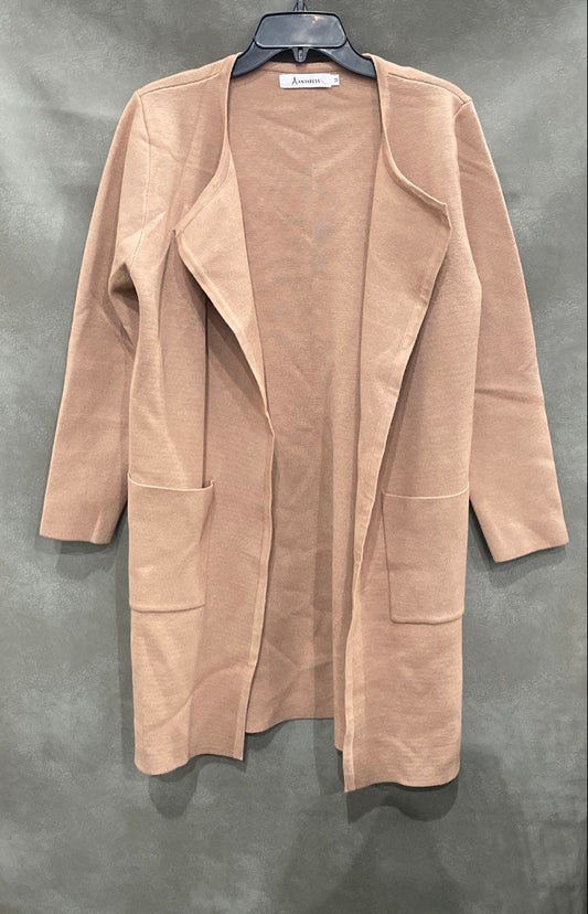 Anrabess Women's Open Front Cardigan Sweater Jacket Pinkish Tan Ribbed Sz M