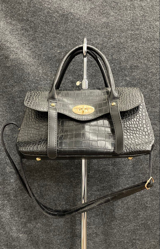 Harper & Hyde Black Croc Embossed Leather Satchel Handbag Crossbody Bag