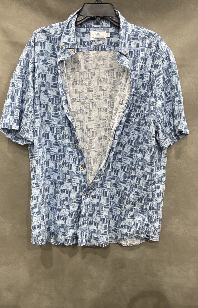 Southern Tide Men's Blue Cocktail Drink Print Linen Rayon Button Up Shirt Sz L